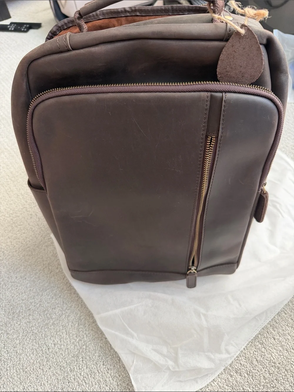 Men's Brown Leather Laptop Backpack with Front Zip Pocket